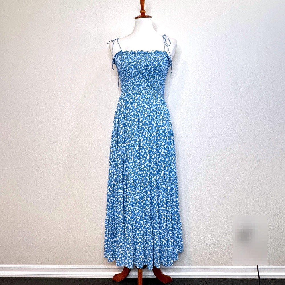 REFORMATION Midi Sundress LG Blue‎ White Floral Smocked Top Tiered Cottage Boho